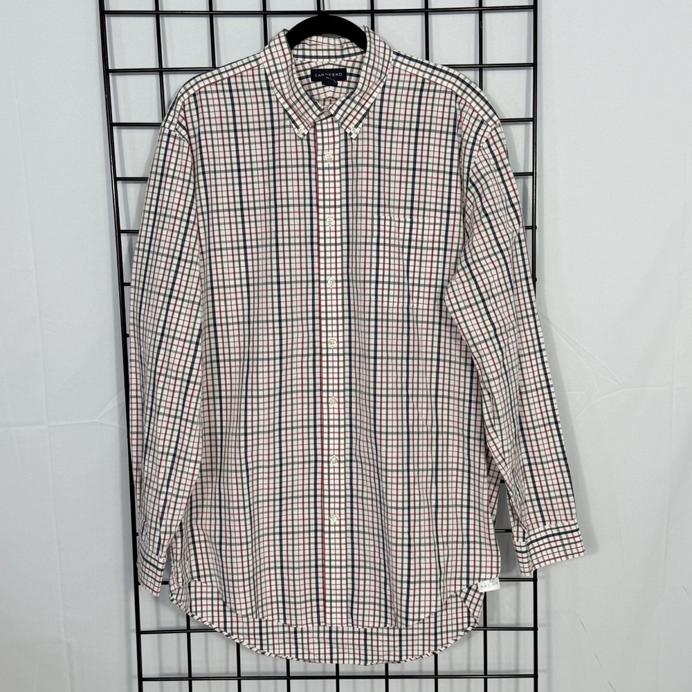 Lands End Button Down Shirt Mens 17.5 36 Red Plaid Tailored Fit Tall 100% Cotton